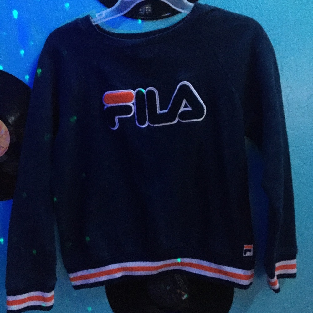 large fila sweater with fluffy logo as white and red striped on bottom